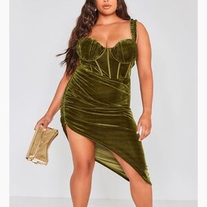 2/$20 NWT PrettyLittleThing Asymmetrical Olive Velvet Dress